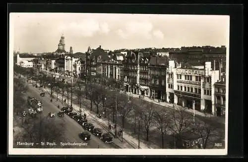 AK Hamburg-St. Pauli, Spielbudenplatz mit Gasthaus Mathäserbräu und Strassenbahn