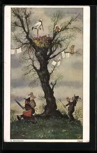 Künstler-AK sign. E. Strathmann: Idyll mit Storch und Säuglingen