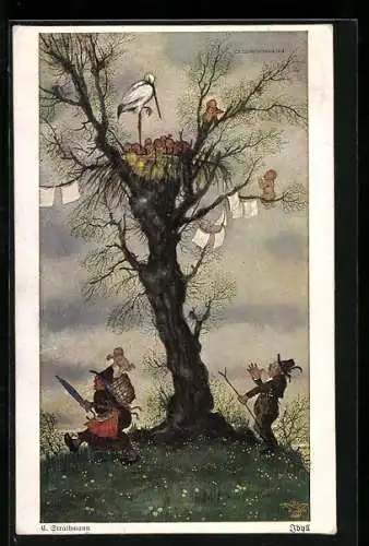 Künstler-AK sign. E. Strathmann: Idyll mit Storch und Säuglingen