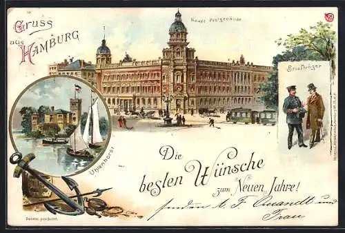 Lithographie Hamburg, Uhlenhorster Fährhaus, Haupt-Postgebäude, Briefträger