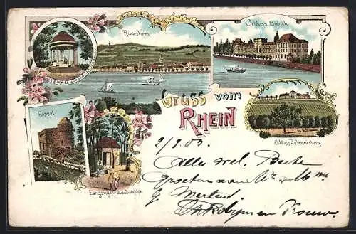 Lithographie Rüdesheim / Rhein, Rheinpartie, Schloss Biebrich, Rossel