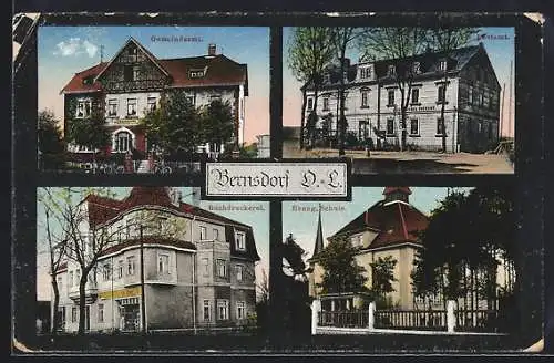 AK Bernsdorf /O.-L, Buchdruckerei, Gemeindeamt, Evangelische Schule