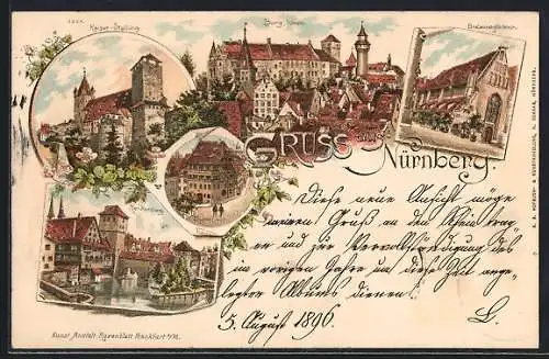 Lithographie Nürnberg, Gasthof Bratwurstglöcklein, Kaiser-Stallung, Dürerhaus