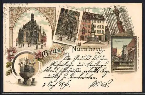 Lithographie Nürnberg, Frauen-Kirche, Gänsemännchen, Tugendbrunnen