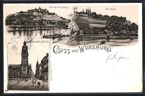 Lithographie Würzburg, Festung Marienberg, Das Käppele, Universitäts Kirche