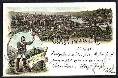 Lithographie Würzburg, Teilansicht, Student mit Weinglas