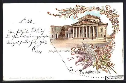 Lithographie München, Hof u. National-Theater mit Strasse