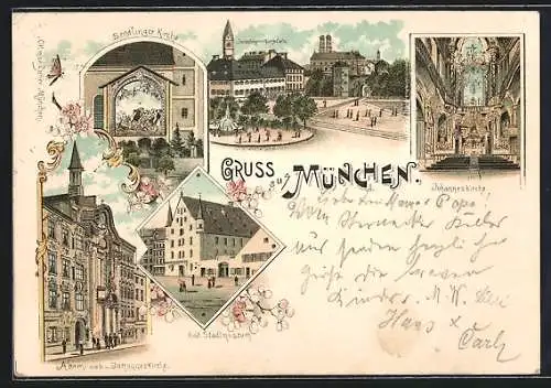 Lithographie München, Sendlingertorplatz, Sendlinger Kirche, Inneres Johanneskirche