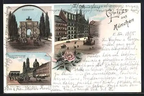 Lithographie München-Au, Siegesthor, Feldherrenhalle, Theatiner Kirche, Rathaus und Mariensäule