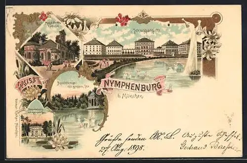 Lithographie Nymphenburg bei München, Schlossansicht, Magdalenen-Kapelle