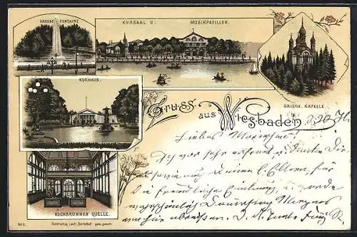 Vorläufer-Lithographie Wiesbaden, 1895, Kurhaus, Kursaal und Musikpavillon, Griechische Kapelle