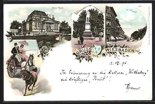 Lithographie Wiesbaden, Kaiser Wilhelm Denkmal, Neues Theater, Wilhelmstrasse