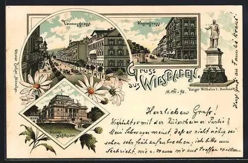 Lithographie Wiesbaden, Taunusstrasse, Rheinstrasse, Königl. Hoftheater