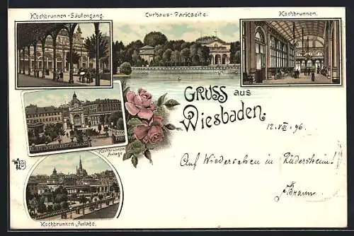 Lithographie Wiesbaden, Curhaus-Parkseite, Kochbrunnen-Säulengang