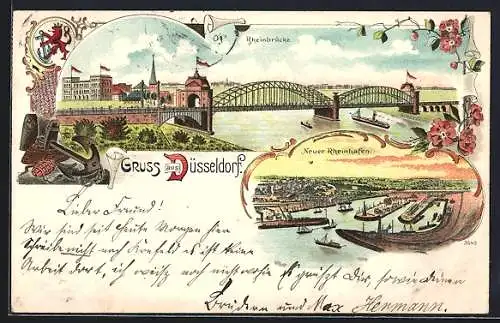 Lithographie Düsseldorf, Rheinbrücke, Neuer Rheinhafen