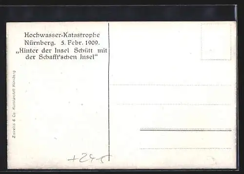 AK Hochwasser Nürnberg am 05. Februar 1909, Hinter der Insel Schütt mit Schaffscher Insel