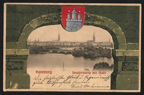 AK Hamburg-Neustadt, Jungfernstieg mit Stadt, Stadtwappen