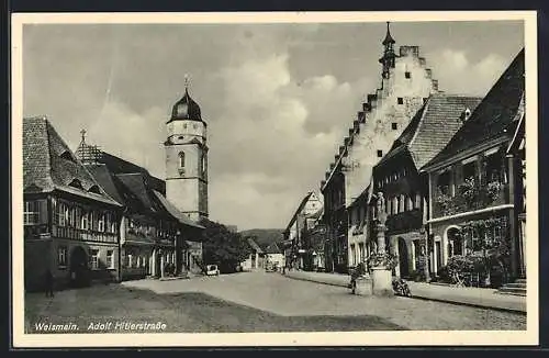 AK Weismain, Kirche, Denkmal und Warengeschäfte in der strasse