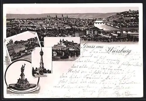 Lithographie Würzburg, Käpple, Festung, Luitpold-Brunnen