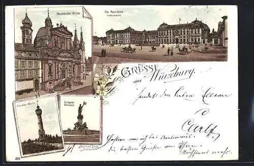 Vorläufer-Lithographie Würzburg, 1895, Neumünster Kirche, Vorderansicht der Residenz und Franken-Warte