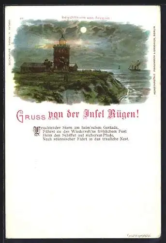 Lithographie Arcona /Rügen, Der Leuchtturm bei Nacht