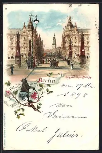 Lithographie Berlin, Kaiser-Wilhelm-Brücke mit Kutsche und Passanten