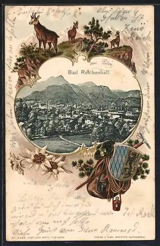 Passepartout-Lithographie Bad Reichenhall, Ortsansicht gegen die Berge, Wanderausrüstung und Gämsen