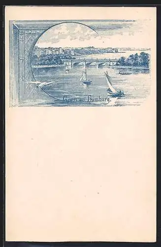 Lithographie Hamburg, Segelboote und die Brücke