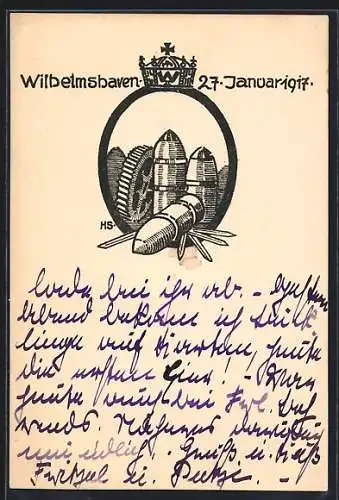 AK Wilhelmshaven, Marine-Jubiläumskarte mit Wappen mit Klingen und Patronen