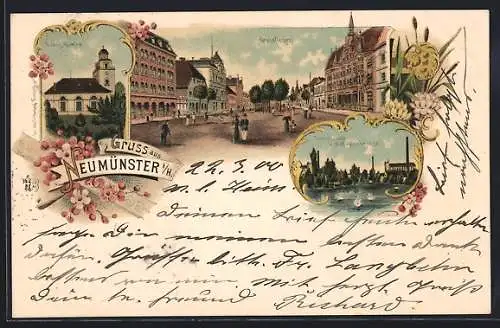 Lithographie Neumünster, Grossflecken, die Evangelische Kirche, Teichansicht von der Mühlenbrücke