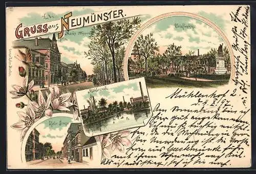 Lithographie Neumünster, Kleinflecken, Mühlteich und Kieler Strasse