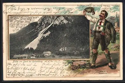 Passepartout-Lithographie Fritz am Sand bei Ruhpolding, Ortsansicht am Bergfuss, Wanderer in Ledehose