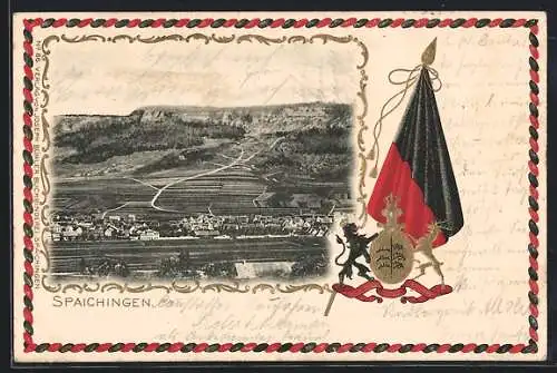 Passepartout-Lithographie Spaichingen, Gesamtansicht aus der Ferne, Flagge und Wappen