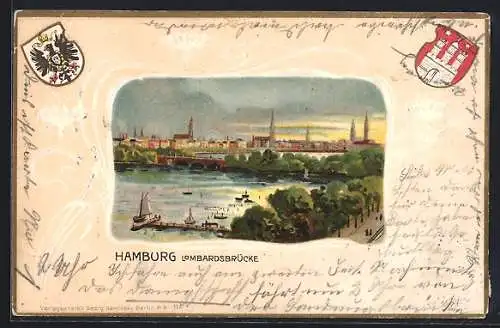 Passepartout-Lithographie Hamburg-Neustadt, Lombardsbrücke und Segelboote, Wappen