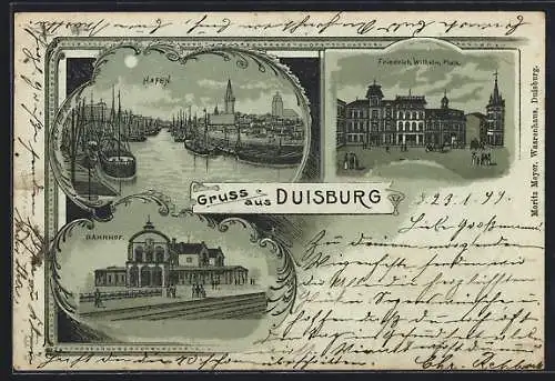 Mondschein-Lithographie Duisburg, Hafen, Friedrich Wilhelm-Platz, Bahnhof