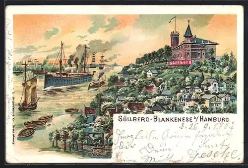 Lithographie Hamburg-Blankenese, Teilansicht mit Gasthaus zum Süllberg, Schiffe auf der Elbe