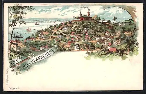 Lithographie Hamburg-Blankenese, Gesamtansicht mit dem Süllberg