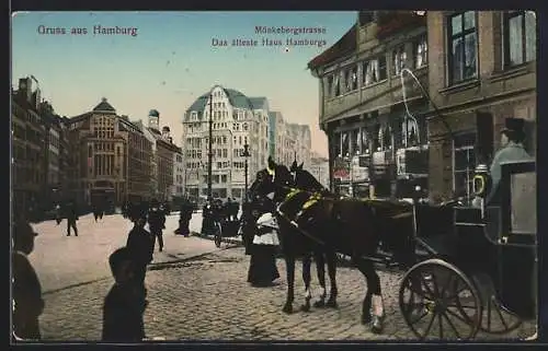 AK Hamburg, Mönkebergstrasse mit ältestem Haus der Stadt