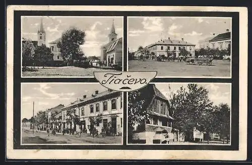 AK Tiacevo, Strassenpartie mit Geschäften, Blick auf zwei Kirchen