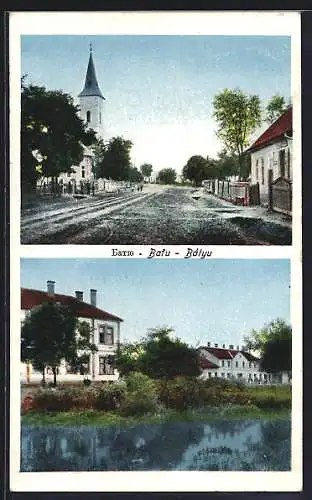 AK Bátyu, Strassenpartie mit Kirche und Teich