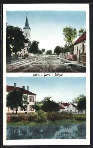 AK Bátyu, Strassenpartie mit Dorfkirche und Teich