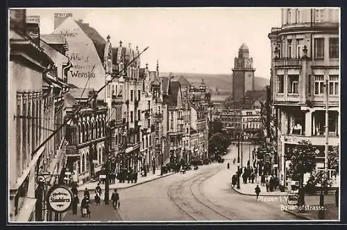 AK Plauen i. V., Bahnhofstrasse mit Rathausturm