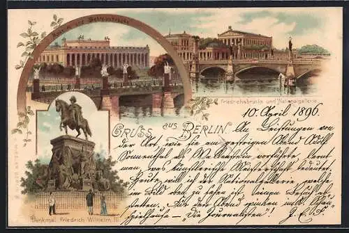 Lithographie Berlin, Museum & Schlossbrücke, Denkmal Kaiser Friedrich Wilhelm III, Friedrichsbrücke & Nationalgalerie