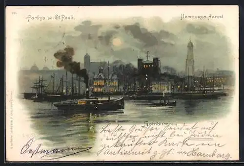 Lithographie Hamburg-St.Pauli, Hamburgs Hafen bei St. Pauli bei Mondschein