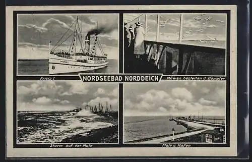 AK Norddeich, Nordseebad, Mole und Hafen, Dampfer Frisia I, Möwen begleiten den Dampfer