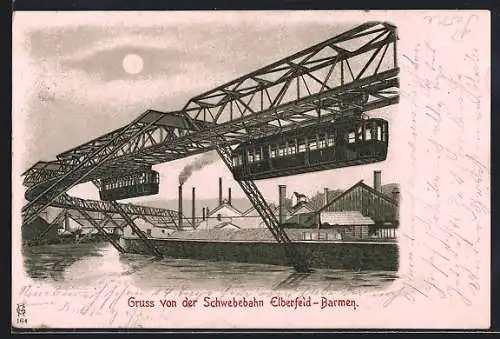 Lithographie Elberfeld-Barmen, Schwebebahn passiert eine Fabrik