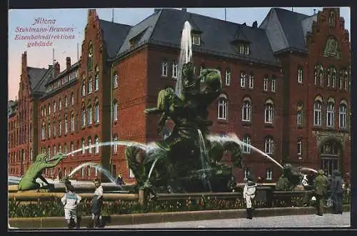 AK Hamburg-Altona, Eisenbahndirektionsgebäude mit Stuhlmann-Brunnen