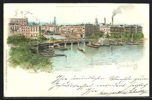 Lithographie Hamburg-Neustadt, Reesendammsbrücke und die Alsterarkaden