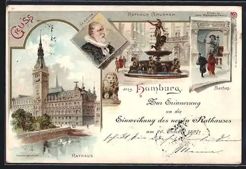 Lithographie Hamburg, Einweihung des neuen Rathauses, Eingang zum Gasthaus Ratsweinkeller mit Bacchus, Senator