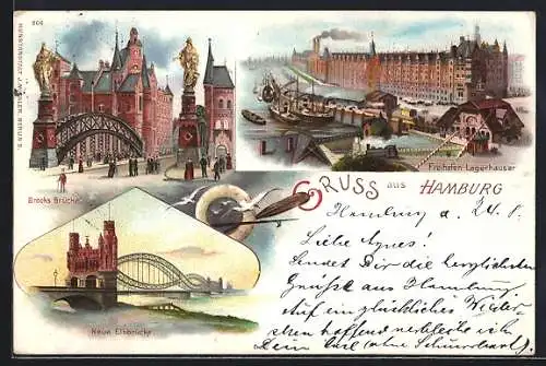 Lithographie Hamburg, Freihafen, Lagerhäuser, Neue Elbbrücke, Brooks Brücke